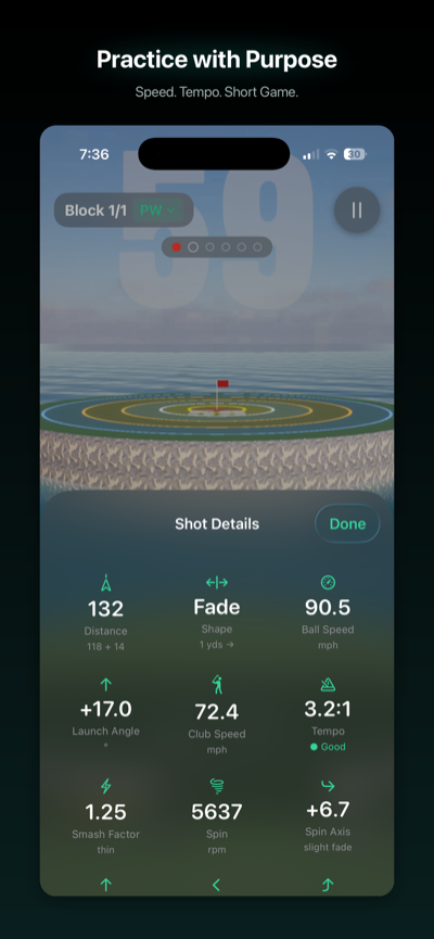 SwingSpeak session overview with metrics on 3D driving range