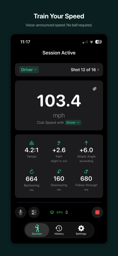SwingSpeak speed training with voice-announced club head speed